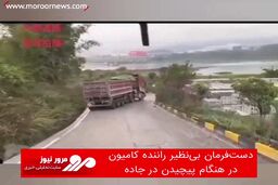 دست‌فرمان بی‌نظیر راننده کامیون در هنگام پیچیدن در جاده